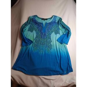 French Bazaar Blue Green Ombre Paisley Embroidered Tunic Top XXL